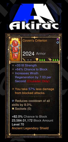 Coven's Criterion w/ 64% Block Chance / 7 Wrath Regen Modded Shield Crusader-Diablo 3 Mods - Playstation 4, Xbox One, Nintendo Switch