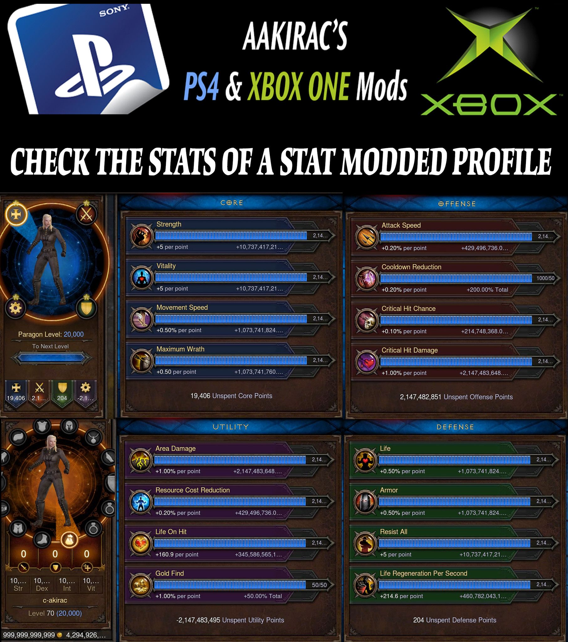 6x EXTREME Stat Modded Characters w/ Materials and Pets Bundle Diablo 3 Mods ROS Seasonal and Non Seasonal Save Mod - Modded Items and Gear - Hacks - Cheats - Trainers for Playstation 4 - Playstation 5 - Nintendo Switch - Xbox One