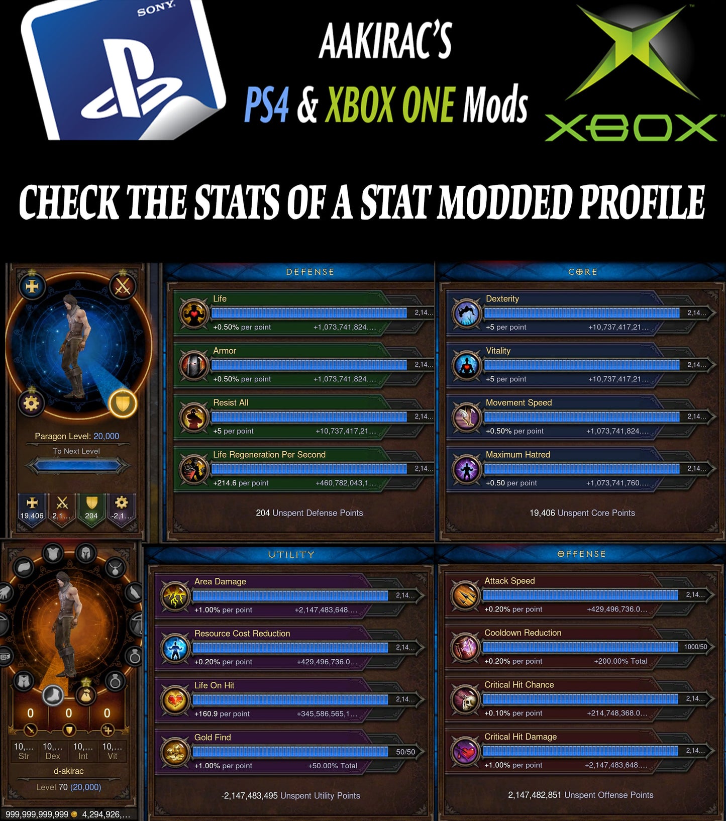 14x EXTREME Stat Modded Characters + Necromancer Stat Mod Diablo 3 Mods ROS Seasonal and Non Seasonal Save Mod - Modded Items and Gear - Hacks - Cheats - Trainers for Playstation 4 - Playstation 5 - Nintendo Switch - Xbox One