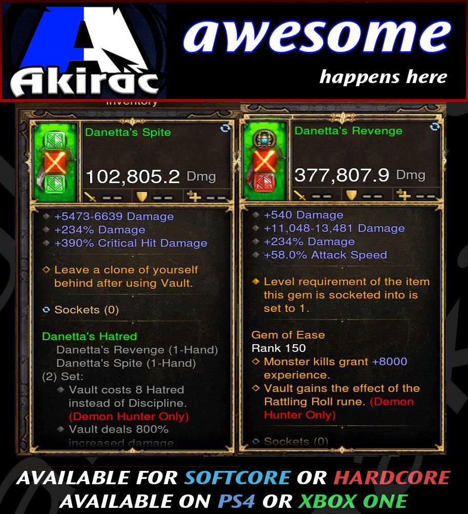 Danetta's Revenge Combo 377k / 102k Modded Weapon Diablo 3 Mods ROS Seasonal and Non Seasonal Save Mod - Modded Items and Gear - Hacks - Cheats - Trainers for Playstation 4 - Playstation 5 - Nintendo Switch - Xbox One