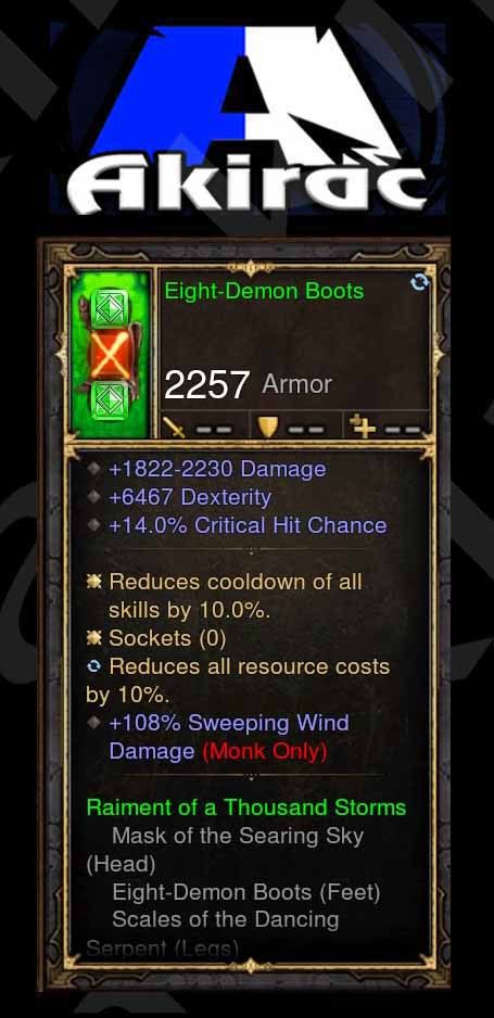 Eight-Demon Boots 108% Sweeping Wind Damage, 6k Dex Modded Set Monk Diablo 3 Mods ROS Seasonal and Non Seasonal Save Mod - Modded Items and Gear - Hacks - Cheats - Trainers for Playstation 4 - Playstation 5 - Nintendo Switch - Xbox One