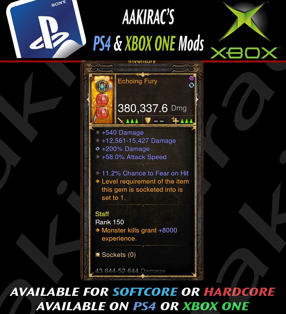 Echoing Fury 380k Mace Modded Weapon Diablo 3 Mods ROS Seasonal and Non Seasonal Save Mod - Modded Items and Gear - Hacks - Cheats - Trainers for Playstation 4 - Playstation 5 - Nintendo Switch - Xbox One