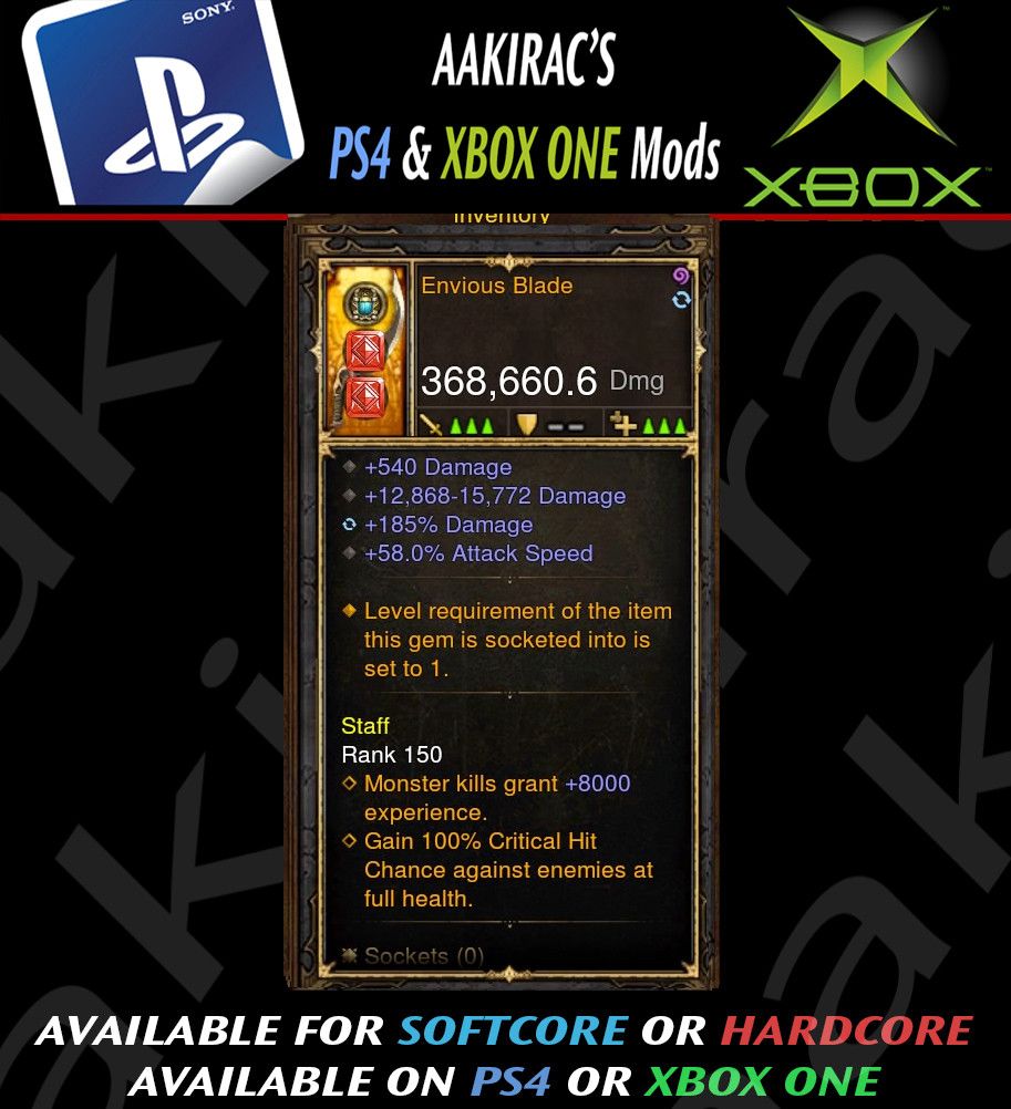 Envious Blade 368k Modded Weapon Diablo 3 Mods ROS Seasonal and Non Seasonal Save Mod - Modded Items and Gear - Hacks - Cheats - Trainers for Playstation 4 - Playstation 5 - Nintendo Switch - Xbox One