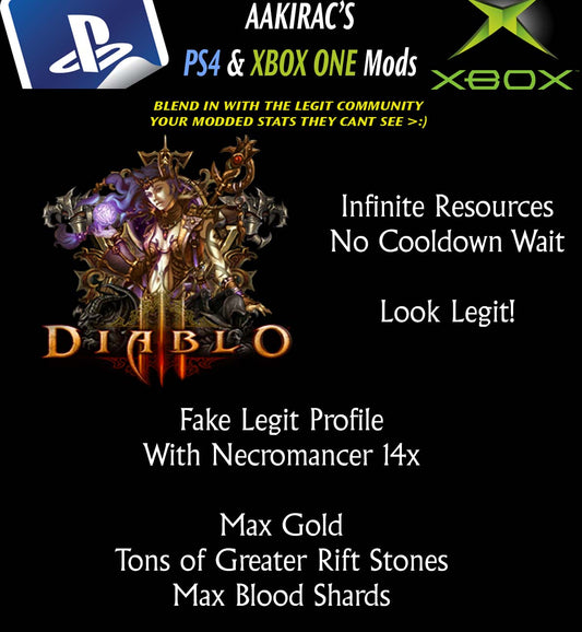 14x "FAKE LEGIT" + (NECROMANCER) Stat Modded Characters - Blend in w/ the Legit Community Diablo 3 Mods ROS Seasonal and Non Seasonal Save Mod - Modded Items and Gear - Hacks - Cheats - Trainers for Playstation 4 - Playstation 5 - Nintendo Switch - Xbox One