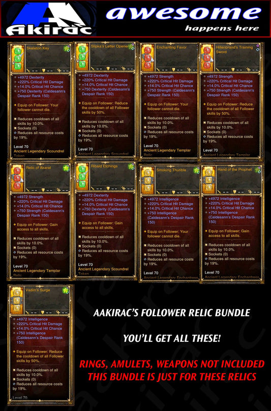 Follower Relics Bundle (Modded) Diablo 3 Mods ROS Seasonal and Non Seasonal Save Mod - Modded Items and Gear - Hacks - Cheats - Trainers for Playstation 4 - Playstation 5 - Nintendo Switch - Xbox One