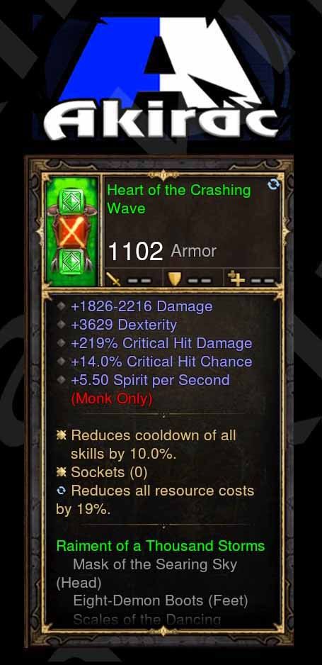 Heart of Crashing Wave 219% CHD, 14% CC, 5.50 Spirit Regen Modded Set Chest Monk Diablo 3 Mods ROS Seasonal and Non Seasonal Save Mod - Modded Items and Gear - Hacks - Cheats - Trainers for Playstation 4 - Playstation 5 - Nintendo Switch - Xbox One