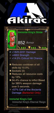 Immortal King's Stride 34% Bleed, 57% Call of the Ancients Damage, 14% CC, 4.9k Str Modded Boots Barbarian-Diablo 3 Mods - Playstation 4, Xbox One, Nintendo Switch
