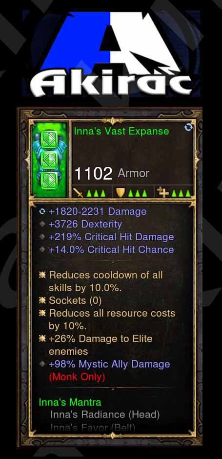Inna's Vast Expanse +26% Elite Damage, 98% Mystic Ally Damage, 14% CC, 219% CHD Modded Set Chest Monk Diablo 3 Mods ROS Seasonal and Non Seasonal Save Mod - Modded Items and Gear - Hacks - Cheats - Trainers for Playstation 4 - Playstation 5 - Nintendo Switch - Xbox One