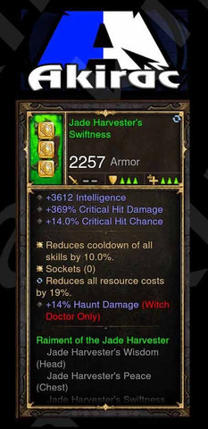 Jade Harvesters Swiftness 369% CHD, 14% CC, 14% Haunt Damage, 19% RR Modded Set Witch Doctor Boots-Diablo 3 Mods - Playstation 4, Xbox One, Nintendo Switch