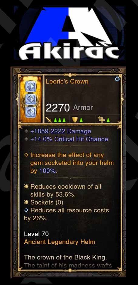 Leoric's Crown 53% CDR, 26% RR, 14% Crit Helm Modded - Diablo 3 Mods Store - Seasonal and non-seasonal - Modded Items and Gear for PlayStation 4, PlayStation 5, Nintendo Switch, and Xbox One