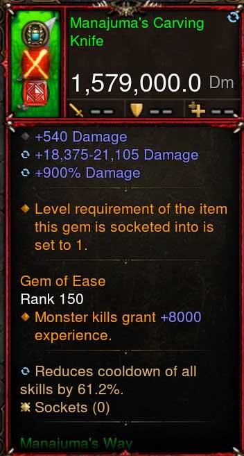 [Primal-Ethereal Infused] 1,579,000 DPS Acutal DPS Weapon MANAJUMAS CARVING KNIFE-Weapon-Diablo 3 Mods ROS-Akirac Diablo 3 Mods Seasonal and Non Seasonal Save Mod - Modded Items and Sets Hacks - Cheats - Trainer - Editor for Playstation 4-Playstation 5-Nintendo Switch-Xbox One