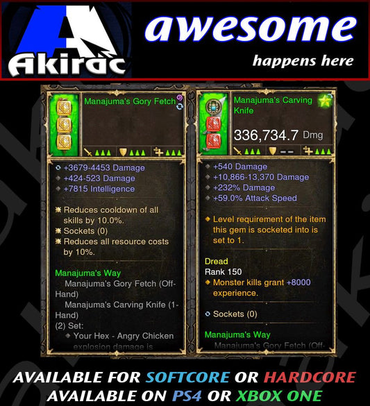 Manajuma's Knife + Mojo Offhand Combo 336k Modded Weapon Diablo 3 Mods ROS Seasonal and Non Seasonal Save Mod - Modded Items and Gear - Hacks - Cheats - Trainers for Playstation 4 - Playstation 5 - Nintendo Switch - Xbox One