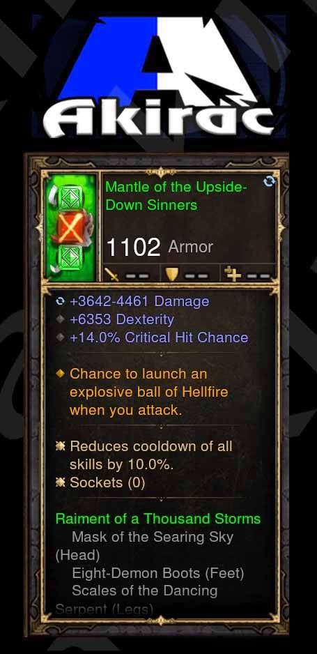 Mantle of the Upside-Down Sinners 6.3k Dex, 14% CC%, Fireball Modded Set Shoulders Monk Diablo 3 Mods ROS Seasonal and Non Seasonal Save Mod - Modded Items and Gear - Hacks - Cheats - Trainers for Playstation 4 - Playstation 5 - Nintendo Switch - Xbox One