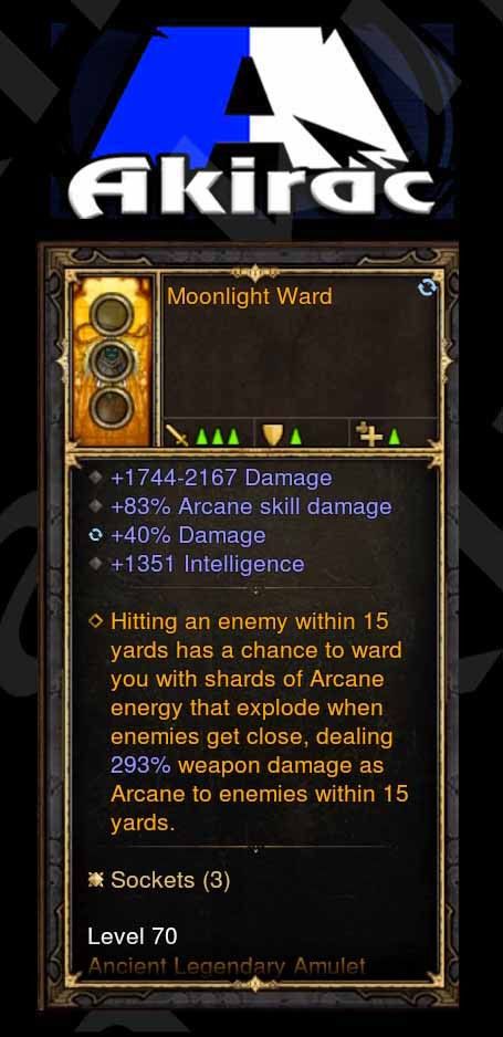 Moonlight Ward 83% Arcane Damage, 40% Damage (Unsocketed) Modded Amulet Diablo 3 Mods ROS Seasonal and Non Seasonal Save Mod - Modded Items and Gear - Hacks - Cheats - Trainers for Playstation 4 - Playstation 5 - Nintendo Switch - Xbox One