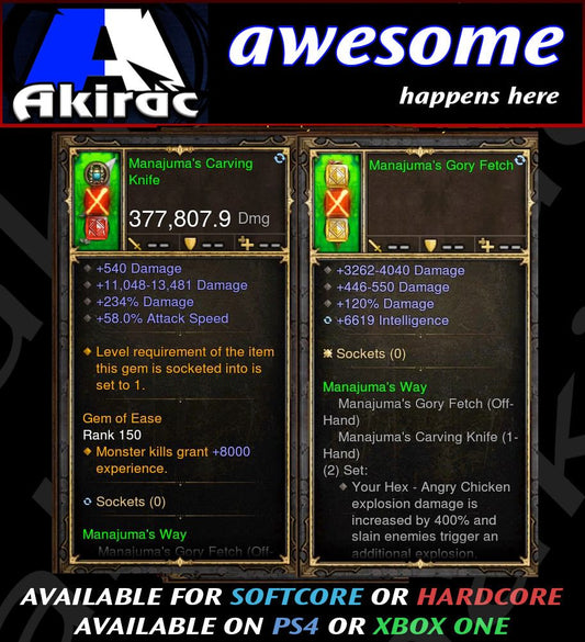 Manajuma's Knife + Mojo Offhand Combo 377k Modded Weapon Diablo 3 Mods ROS Seasonal and Non Seasonal Save Mod - Modded Items and Gear - Hacks - Cheats - Trainers for Playstation 4 - Playstation 5 - Nintendo Switch - Xbox One