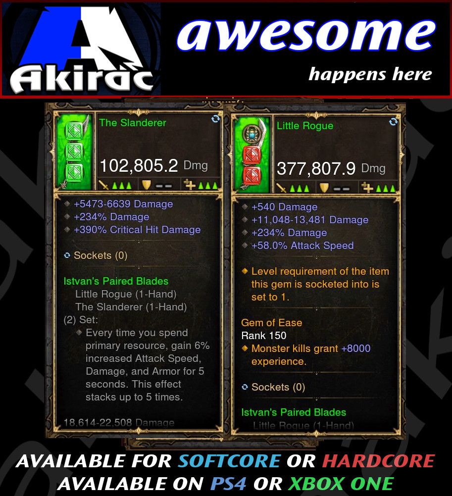 Little Rogue + Slanderer Combo 377k / 102k Modded Weapon-Diablo 3 Mods - Playstation 4, Xbox One, Nintendo Switch