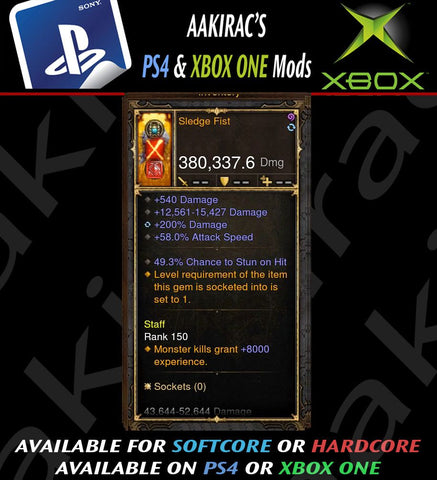 Sledge Fist 380k Modded Weapon-Diablo 3 Mods - Playstation 4, Xbox One, Nintendo Switch