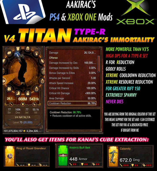 [Created: 9/10/16] Immortality v4 Titan Type-R Natalya's Demon Hunter Modded Set for Rift 150 Apocalypse-Diablo 3 Mods - Playstation 4, Xbox One, Nintendo Switch
