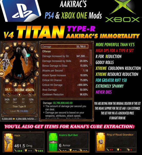 Immortality v4 Titan Type-R Akkhan's Crusader Modded Set for Rift 150 Aurora-Diablo 3 Mods - Playstation 4, Xbox One, Nintendo Switch