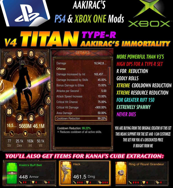 Immortality v4 Titan Type-R Tal Rasha Wizard Modded Set for Rift 150 99% CDR Enigmatic (Created: 7/10/2016)-Diablo 3 Mods - Playstation 4, Xbox One, Nintendo Switch