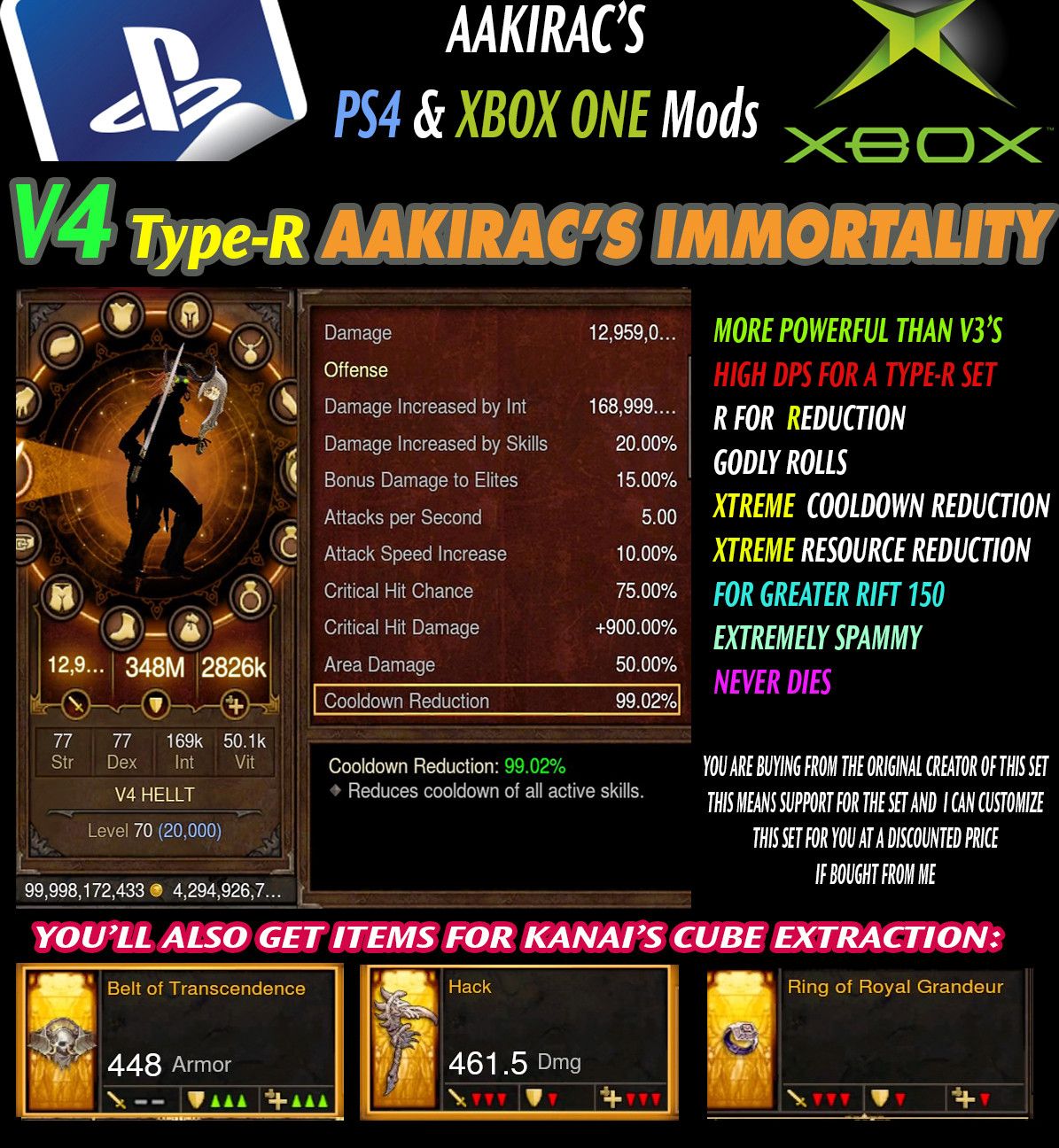 Diablo 3 Immortal v4 Type-R Anachyr Witch Doctor Modded Set for Rift 150 VooDoo Diablo 3 Mods ROS Seasonal and Non Seasonal Save Mod - Modded Items and Gear - Hacks - Cheats - Trainers for Playstation 4 - Playstation 5 - Nintendo Switch - Xbox One