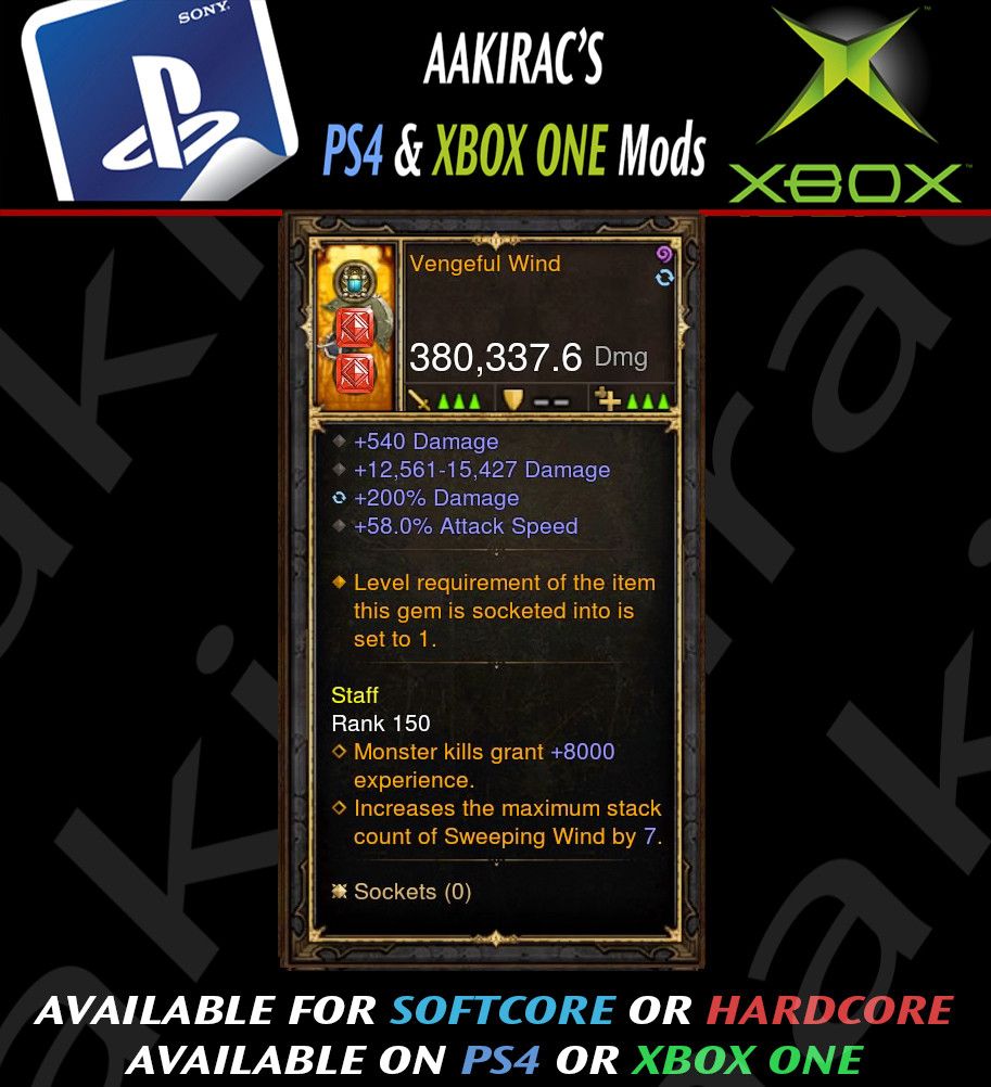 Vengeful Wind 380k Monk Modded Weapon-Diablo 3 Mods - Playstation 4, Xbox One, Nintendo Switch