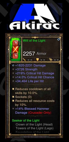 Will of the Light 219% CHD, 14% CC, 34k Life per Hit, 14% Blessed Hammer Damage Modded Set Chest Gloves-Diablo 3 Mods - Playstation 4, Xbox One, Nintendo Switch