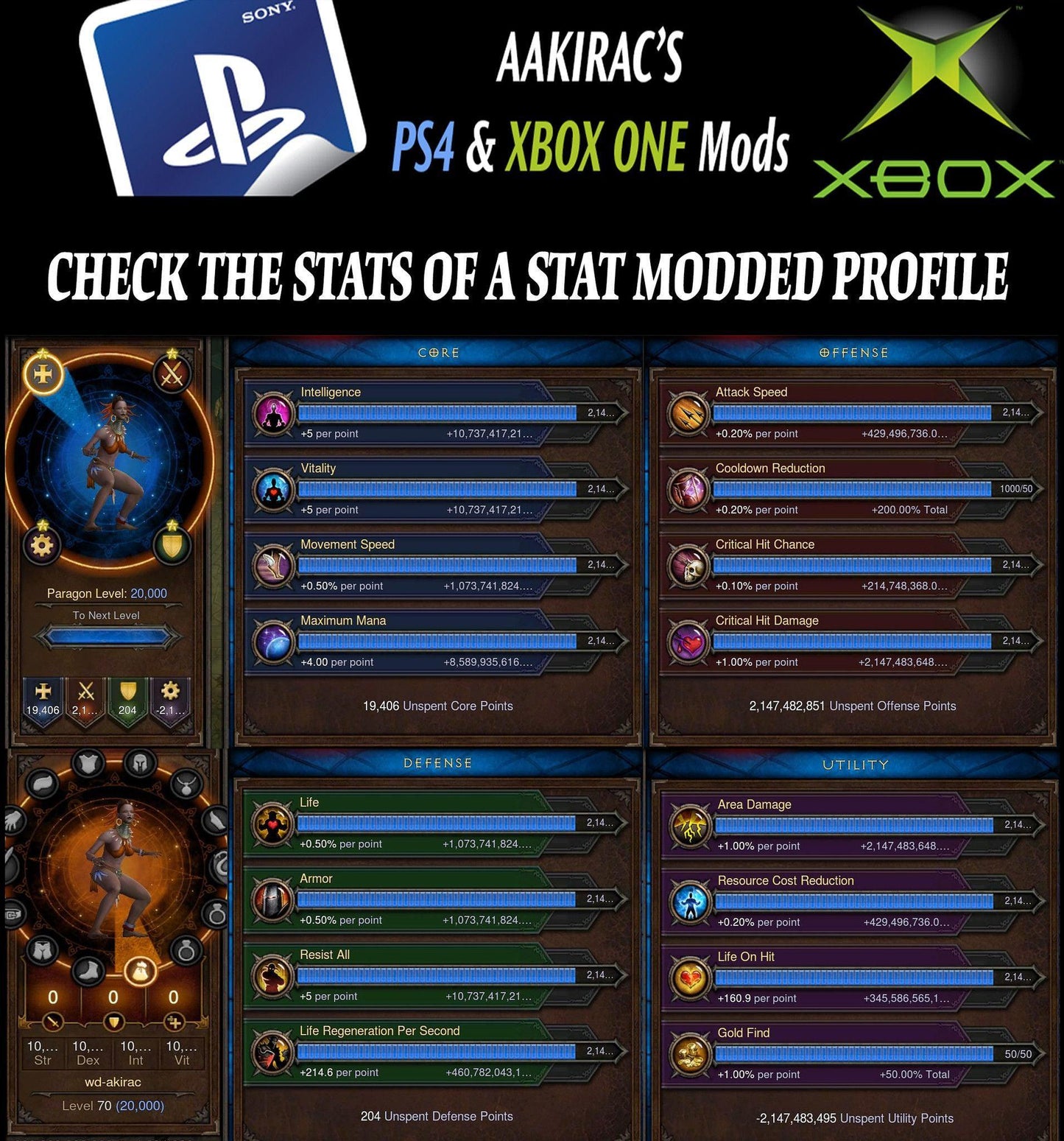 Discount [XBOX ONE/Modded MONK/BARB SC] 2x EXTREME Stat Modded Characters w/ Materials and Pets Diablo 3 Mods ROS Seasonal and Non Seasonal Save Mod - Modded Items and Gear - Hacks - Cheats - Trainers for Playstation 4 - Playstation 5 - Nintendo Switch - Xbox One
