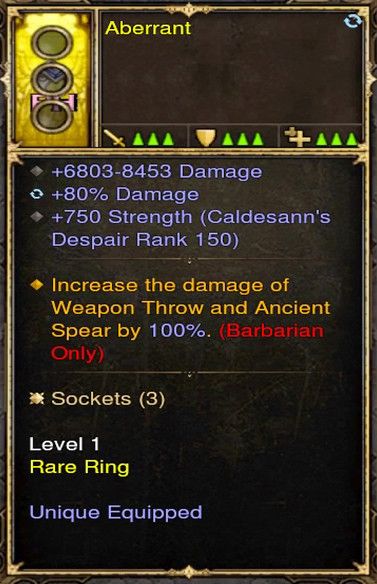 Increase Modded Weapon Throw 100% Barbarian Modded Ring (Unsocketed) Aberrant Diablo 3 Mods ROS Seasonal and Non Seasonal Save Mod - Modded Items and Gear - Hacks - Cheats - Trainers for Playstation 4 - Playstation 5 - Nintendo Switch - Xbox One