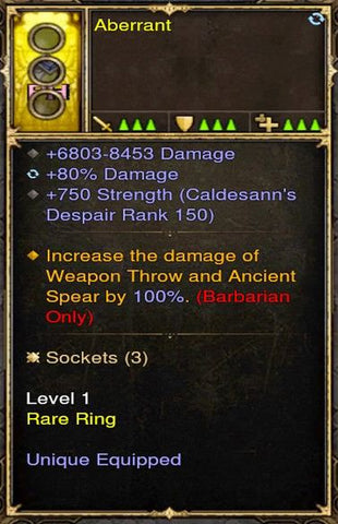 Increase Modded Weapon Throw 100% Barbarian Modded Ring (Unsocketed) Aberrant-Diablo 3 Mods - Playstation 4, Xbox One, Nintendo Switch