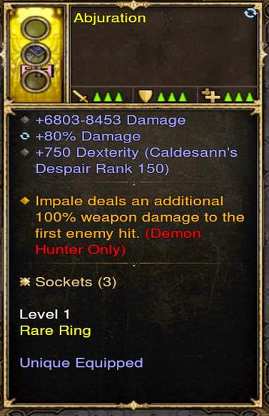 Impale 100% Damage Demon Hunter Modded Ring (Unsocketed) Abjuration Diablo 3 Mods ROS Seasonal and Non Seasonal Save Mod - Modded Items and Gear - Hacks - Cheats - Trainers for Playstation 4 - Playstation 5 - Nintendo Switch - Xbox One