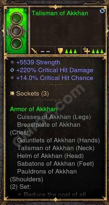 2.4.3 Talisman of Akkhan 5k STR, 220% CHD, 14 CC (Unsocketed) Modded Amulet Diablo 3 Mods ROS Seasonal and Non Seasonal Save Mod - Modded Items and Gear - Hacks - Cheats - Trainers for Playstation 4 - Playstation 5 - Nintendo Switch - Xbox One
