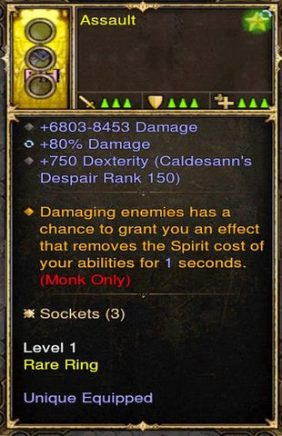 Remove Sprit Cost Upon Damaging Monk Modded Ring (Unsocketed) Assault-Diablo 3 Mods - Playstation 4, Xbox One, Nintendo Switch