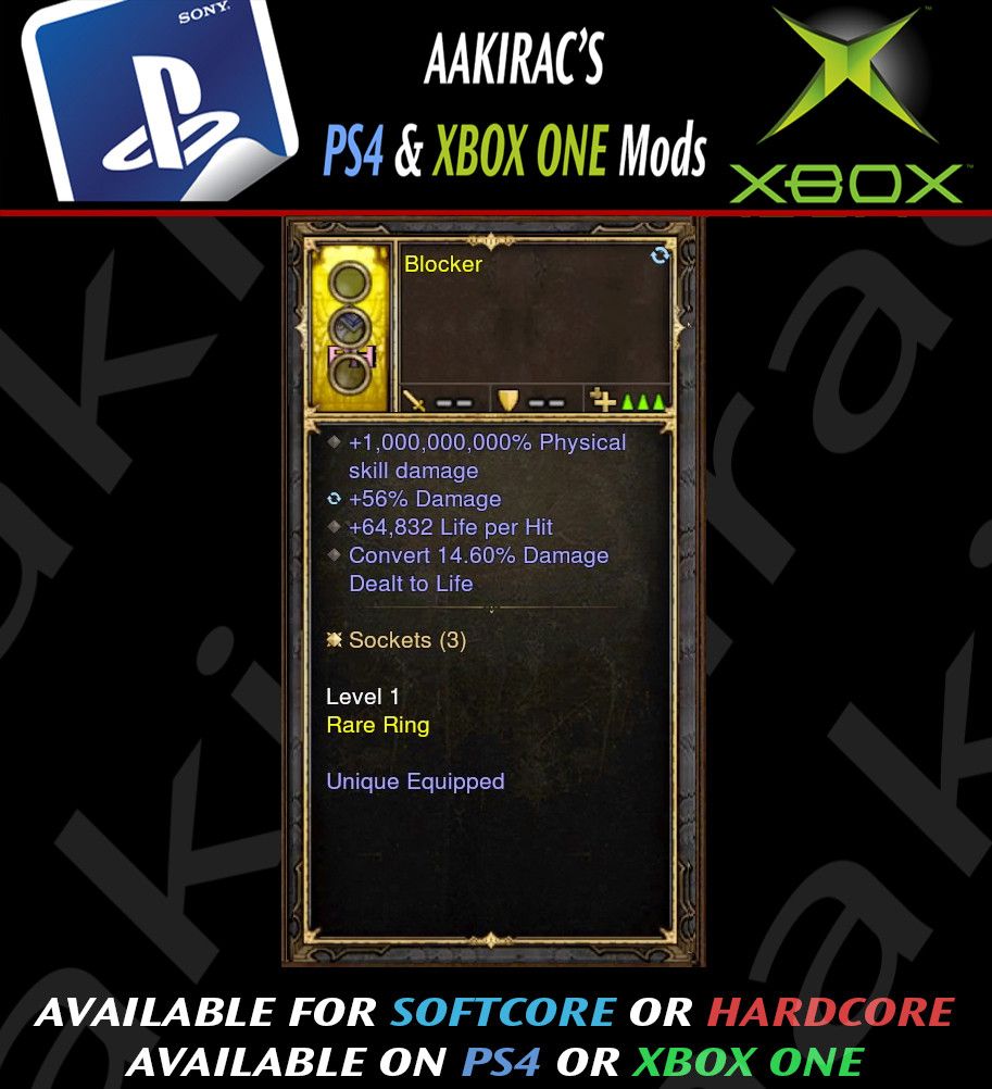 1000000000% Damage Modded Ring with Life Leech (Convert % to Life) Blocker Diablo 3 Mods ROS Seasonal and Non Seasonal Save Mod - Modded Items and Gear - Hacks - Cheats - Trainers for Playstation 4 - Playstation 5 - Nintendo Switch - Xbox One
