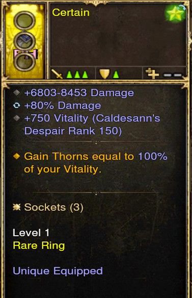 Thorns equal to 100% of your Vitality Modded Ring (Unsocketed) Certain-Diablo 3 Mods - Playstation 4, Xbox One, Nintendo Switch
