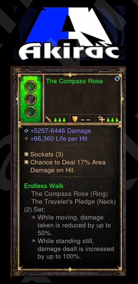 Compass Rose 5.2k-6.4k Damage, 66k Life per Hit, 17% Area Damage (Unsocketed) Modded Ring - Diablo 3 Mods Store - Seasonal and non-seasonal - Modded Items and Gear for PlayStation 4, PlayStation 5, Nintendo Switch, and Xbox One