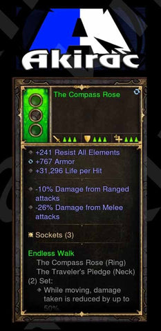 Compass Rose 241 Resist All, +767 Armor, 31k Life per Hit, -10% RDR, -26% MDR (Unsocketed) Modded Ring-Diablo 3 Mods - Playstation 4, Xbox One, Nintendo Switch