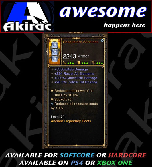 Conqueror's Sabatons 220% CHD / 28% CC Diablo 3 Mods ROS Seasonal and Non Seasonal Save Mod - Modded Items and Gear - Hacks - Cheats - Trainers for Playstation 4 - Playstation 5 - Nintendo Switch - Xbox One