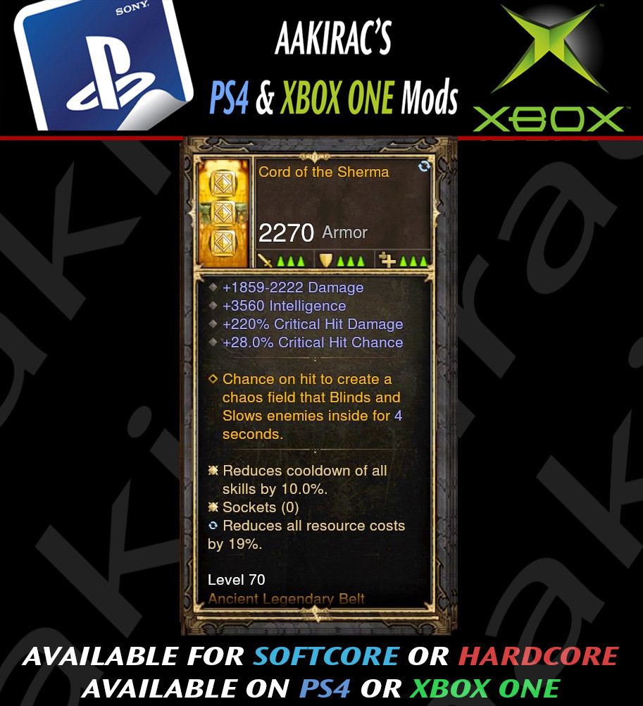 Cord of the Sherma 220% CHD / 3.5k Int / 28% CC Belt Diablo 3 Mods ROS Seasonal and Non Seasonal Save Mod - Modded Items and Gear - Hacks - Cheats - Trainers for Playstation 4 - Playstation 5 - Nintendo Switch - Xbox One
