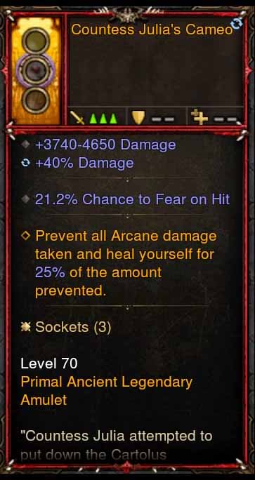 [Primal Ancient] [QUAD DPS] Countess Julia's Cameo Amulet, 21.2% Fear on Hit, FOH, + Damage Diablo 3 Mods ROS Seasonal and Non Seasonal Save Mod - Modded Items and Gear - Hacks - Cheats - Trainers for Playstation 4 - Playstation 5 - Nintendo Switch - Xbox One