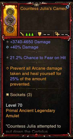 [Primal Ancient] [QUAD DPS] Countess Julia's Cameo Amulet, 21.2% Fear on Hit, FOH, + Damage-Diablo 3 Mods - Playstation 4, Xbox One, Nintendo Switch
