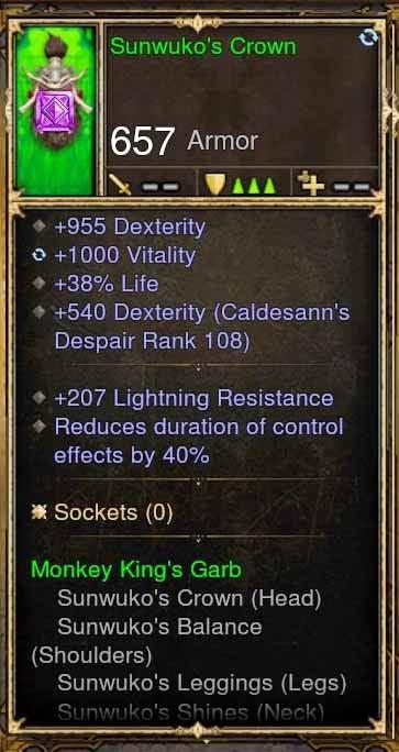 Fake Legit Sunwuko's Crown Helm 955 Dex, 1000 Vit, Reduce Effects 40% Diablo 3 Mods ROS Seasonal and Non Seasonal Save Mod - Modded Items and Gear - Hacks - Cheats - Trainers for Playstation 4 - Playstation 5 - Nintendo Switch - Xbox One