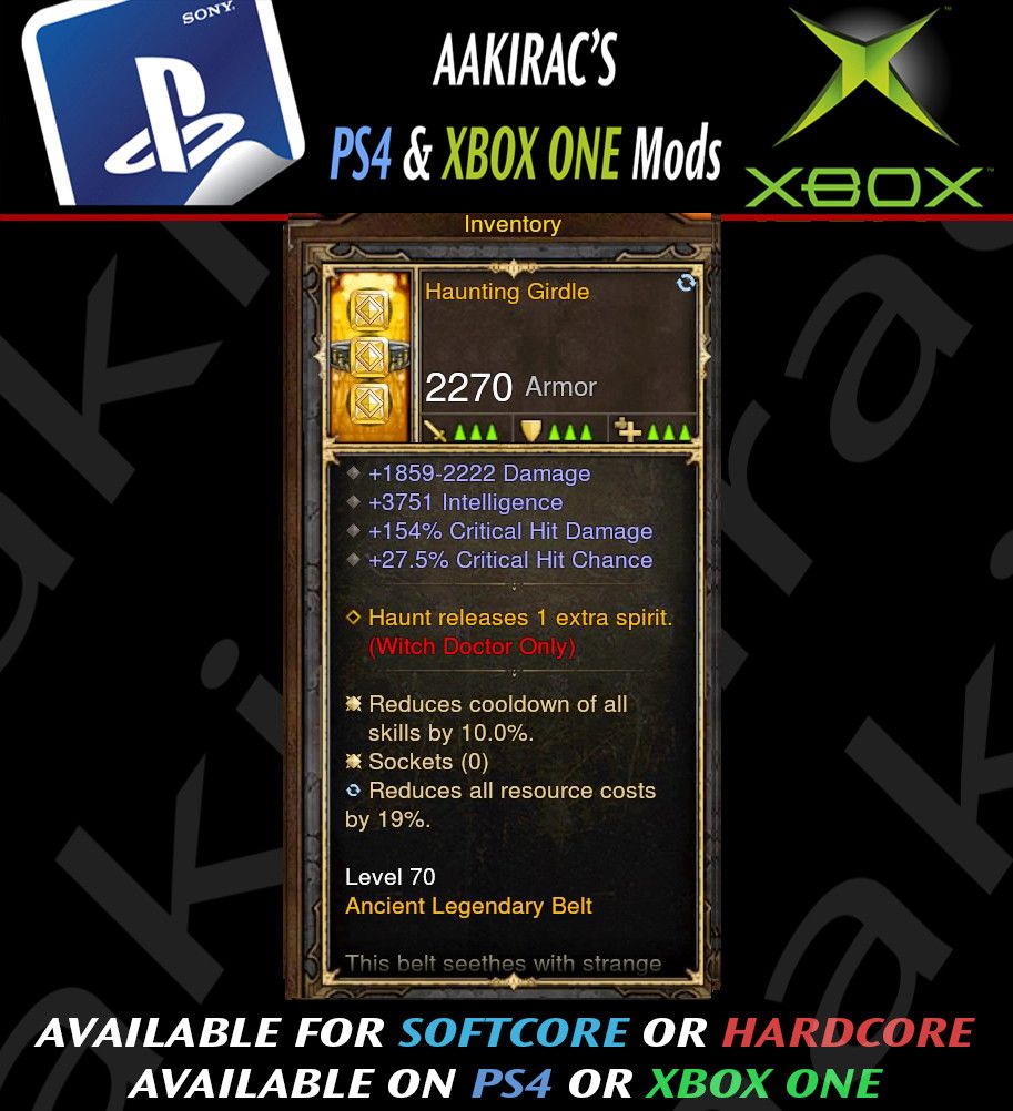 Haunting Girdle 154% CHD / 3.7k INT / 27% CC Modded Belt Diablo 3 Mods ROS Seasonal and Non Seasonal Save Mod - Modded Items and Gear - Hacks - Cheats - Trainers for Playstation 4 - Playstation 5 - Nintendo Switch - Xbox One