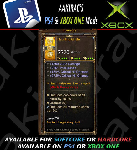 Haunting Girdle 154% CHD / 3.7k INT / 27% CC Modded Belt-Diablo 3 Mods - Playstation 4, Xbox One, Nintendo Switch