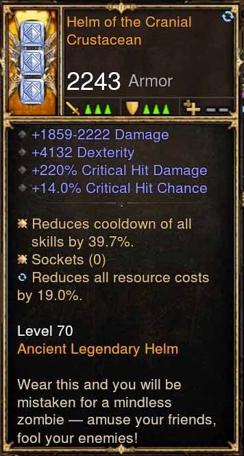 Helm of the Cranial Crustacean 4.1k DEX, 220% CHD, 14% CC (Rare XMOG) Modded Helm Diablo 3 Mods ROS Seasonal and Non Seasonal Save Mod - Modded Items and Gear - Hacks - Cheats - Trainers for Playstation 4 - Playstation 5 - Nintendo Switch - Xbox One