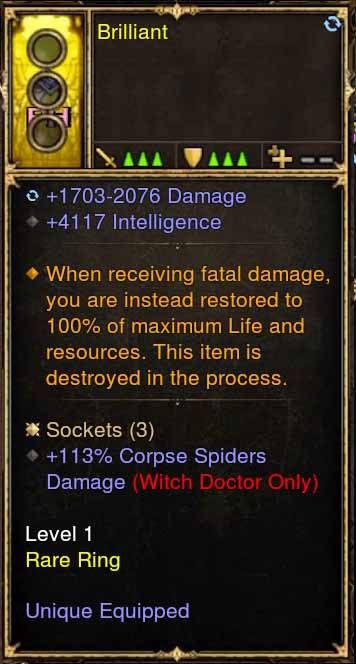 Level 1 Immortal Modded Ring 4.1k INT, 113% Corpse Spiders Damage (Unsocketed) Brilliant-Diablo 3 Mods - Playstation 4, Xbox One, Nintendo Switch