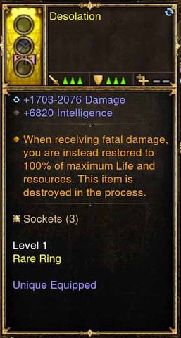 Level 1 Immortal Modded Ring 6.8k INT (Unsocketed) Desolation-Diablo 3 Mods - Playstation 4, Xbox One, Nintendo Switch
