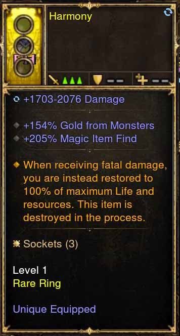 Level 1 Immortal Modded Ring 154% Gold, +205% Magic Find (Unsocketed) Harmony-Diablo 3 Mods - Playstation 4, Xbox One, Nintendo Switch