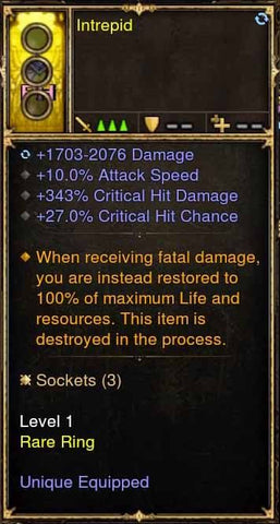 Level 1 Immortal Modded Ring +Attack Speed, +343% CHD, +27% CC (Unsocketed) Intrepid-Diablo 3 Mods - Playstation 4, Xbox One, Nintendo Switch