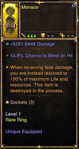 Level 1 Immortal Modded Ring 14.8% Chance to Blind (Unsocketed) Menace-Diablo 3 Mods - Playstation 4, Xbox One, Nintendo Switch